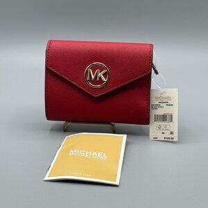 Michael Kors Greenwich Med Envelope Trifold Wallet Crimson Saffiano Leather NWT